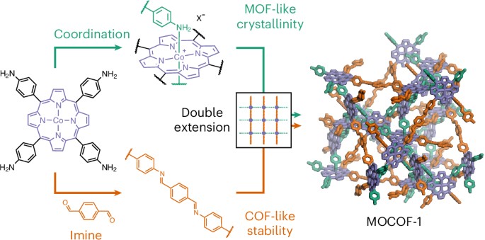 Crystalline porous frameworks based on double extension of metal-organic and covalent organic linkages